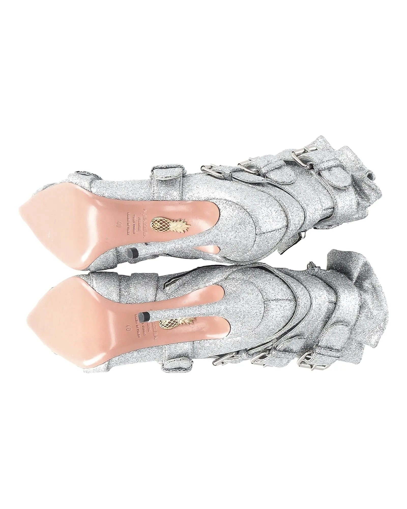 Glitter Buckled Heeled Ankle Boots in Silver Canvas