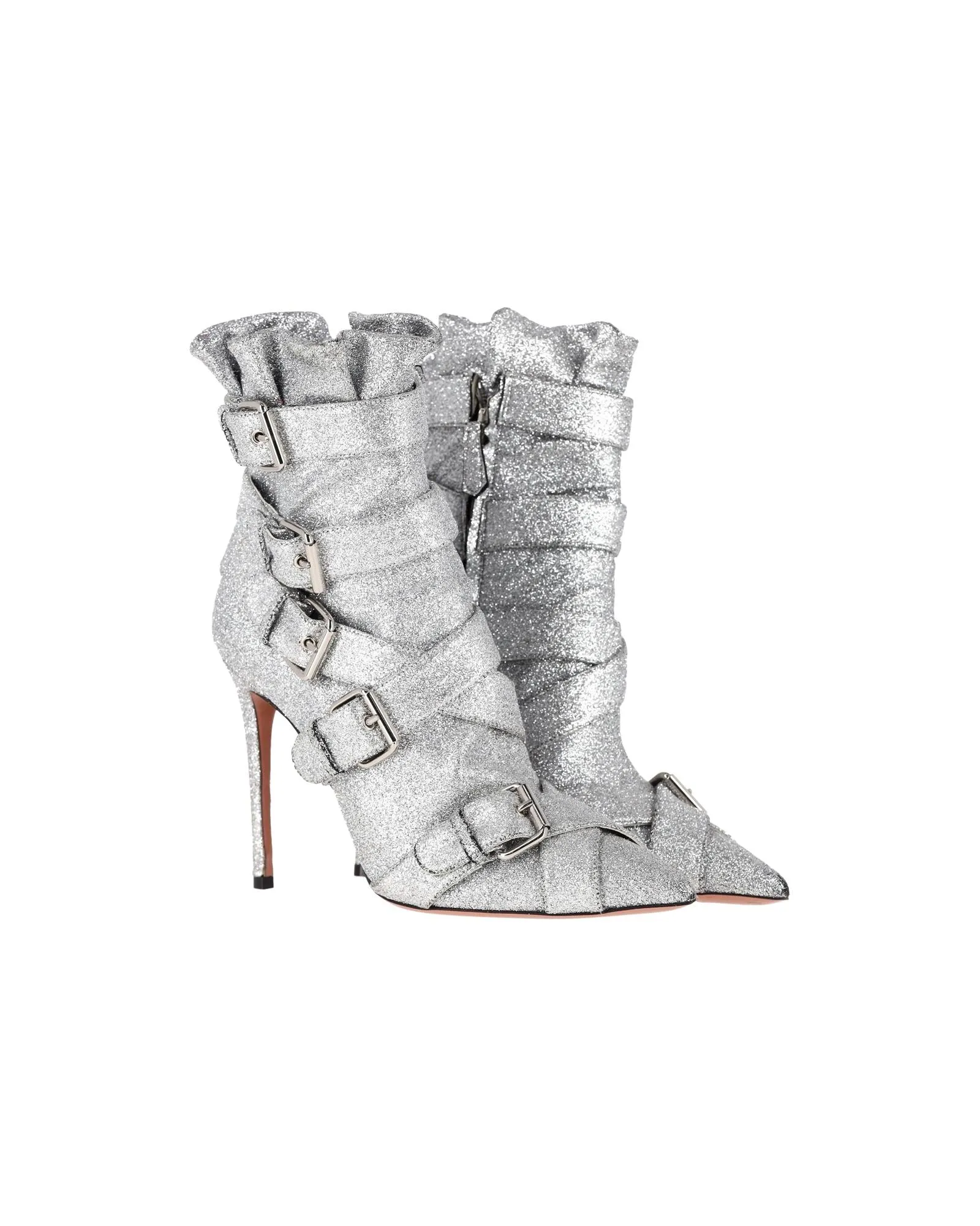 Glitter Buckled Heeled Ankle Boots in Silver Canvas