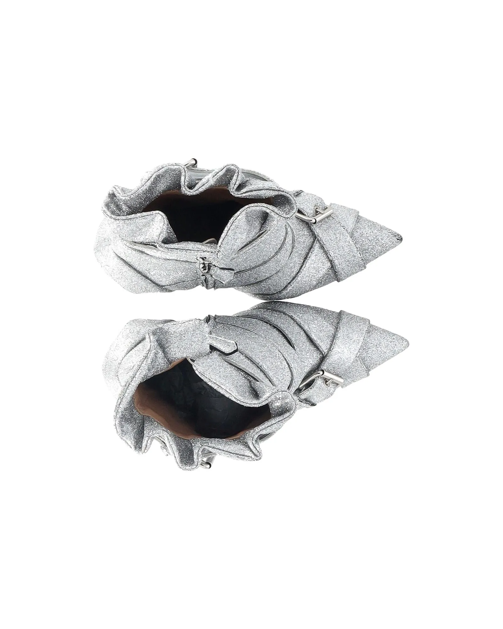 Glitter Buckled Heeled Ankle Boots in Silver Canvas