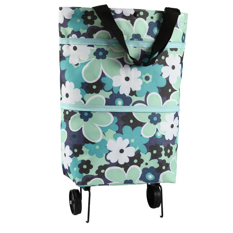 Hand Pull Beach Cart Shopping Food Organizer - Trolley Bag On Wheels Folding & Portable