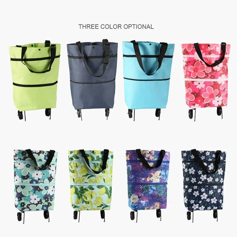 Hand Pull Beach Cart Shopping Food Organizer - Trolley Bag On Wheels Folding & Portable