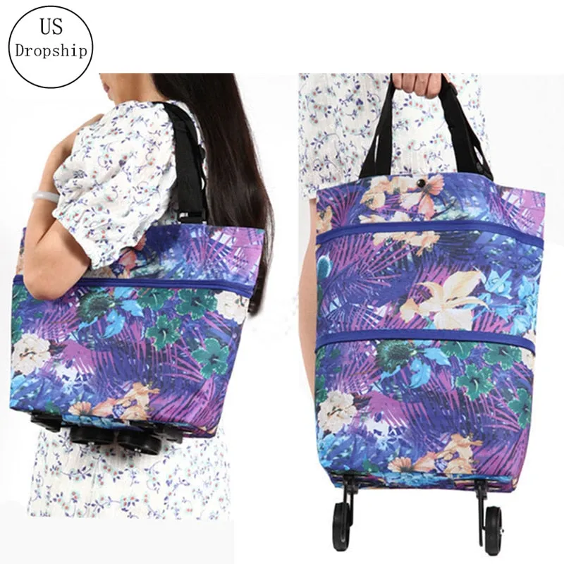 Hand Pull Beach Cart Shopping Food Organizer - Trolley Bag On Wheels Folding & Portable