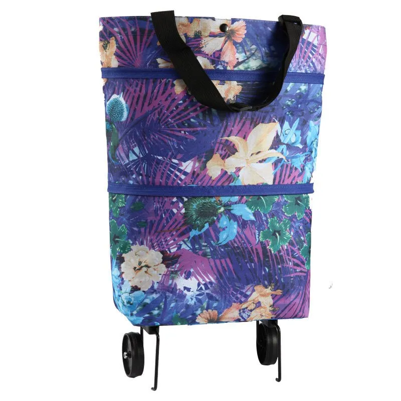 Hand Pull Beach Cart Shopping Food Organizer - Trolley Bag On Wheels Folding & Portable