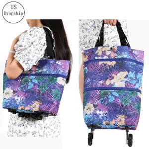 Hand Pull Beach Cart Shopping Food Organizer - Trolley Bag On Wheels Folding & Portable