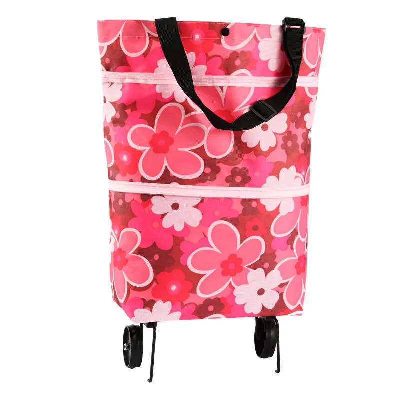 Hand Pull Beach Cart Shopping Food Organizer - Trolley Bag On Wheels Folding & Portable