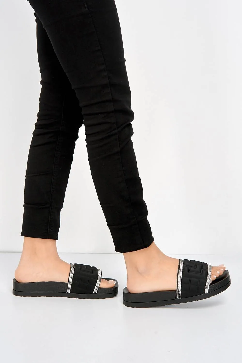 Lisbon Padded Diamante Trim Slider in Black