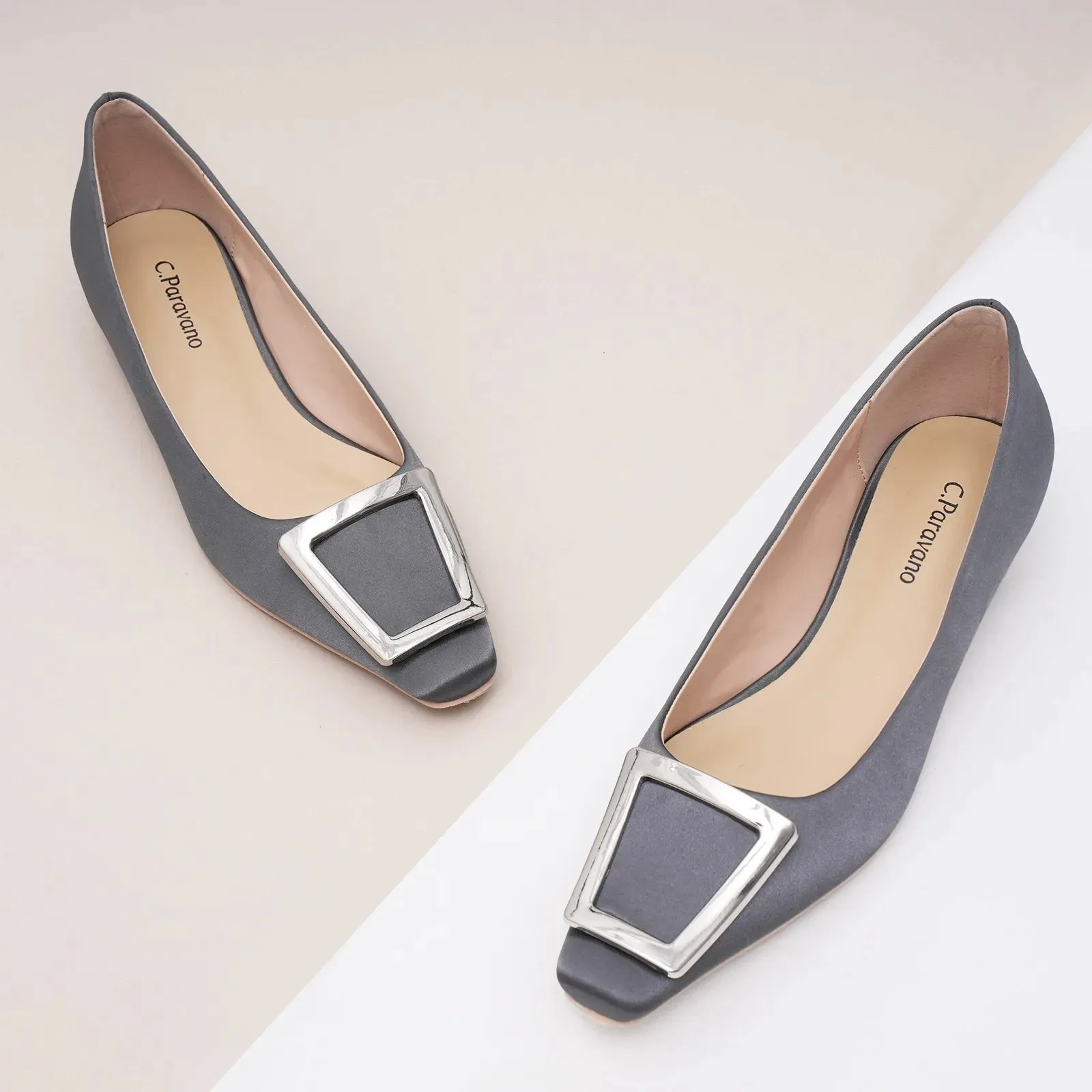Metal Buckle Satin Low Heel (Lucia) Dark Grey