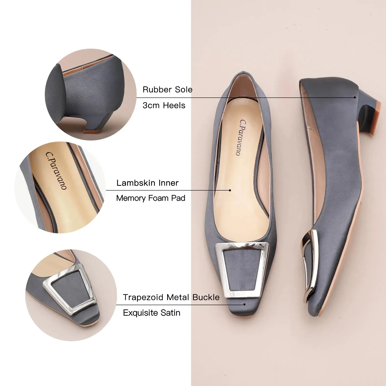 Metal Buckle Satin Low Heel (Lucia) Dark Grey