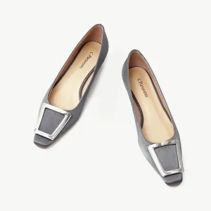 Metal Buckle Satin Low Heel (Lucia) Dark Grey