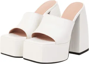 oiangi Platform Sandals for Women Chunky Heel Sexy Square Toe Peep Toe Slip on Block Heel High Heel Shoes Summer Solid Casual Comfy Ladies Slipper