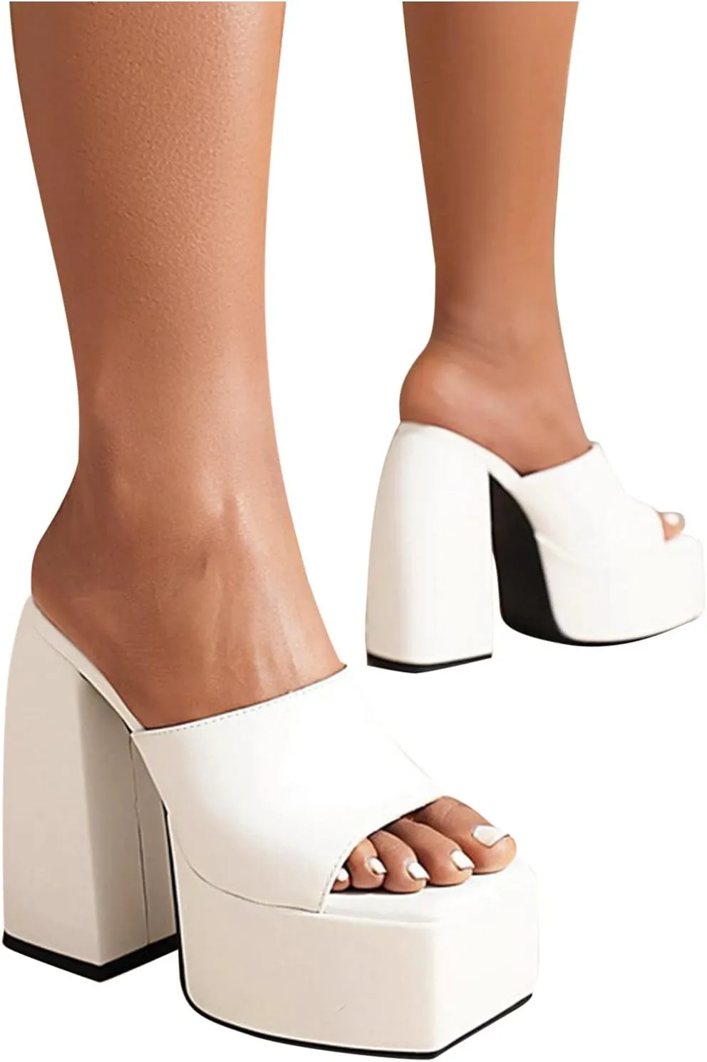 oiangi Platform Sandals for Women Chunky Heel Sexy Square Toe Peep Toe Slip on Block Heel High Heel Shoes Summer Solid Casual Comfy Ladies Slipper