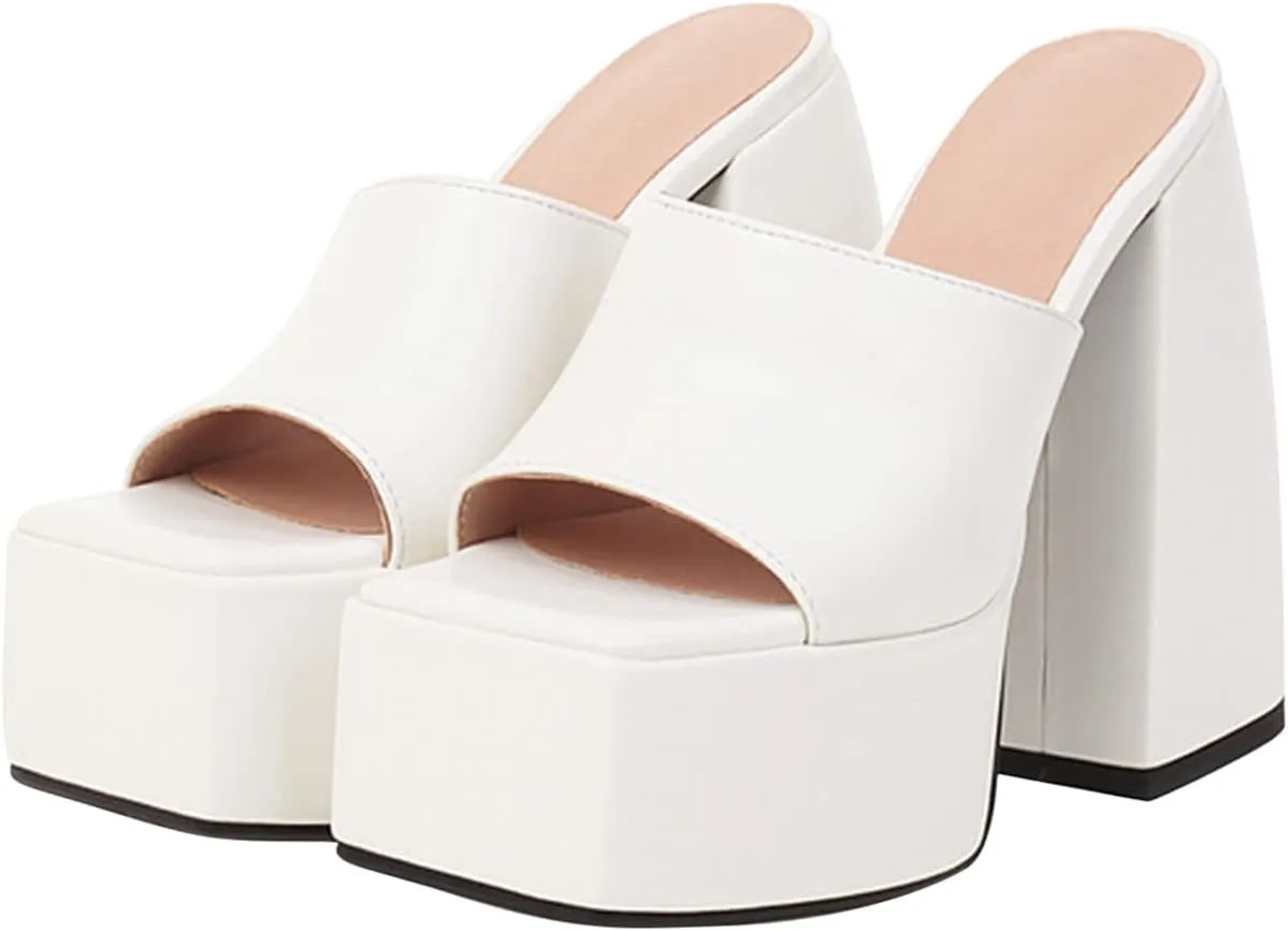 oiangi Platform Sandals for Women Chunky Heel Sexy Square Toe Peep Toe Slip on Block Heel High Heel Shoes Summer Solid Casual Comfy Ladies Slipper