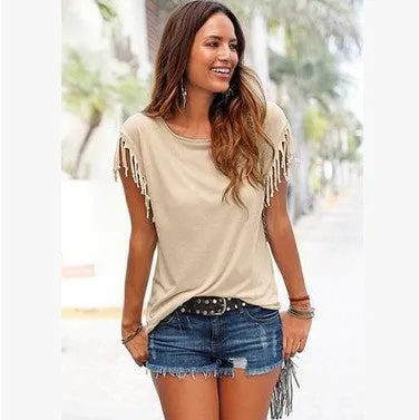 Wish quick sale eBay ladies Europe and America big size round neck short sleeve cuffs tassel T-shirt cotton tops