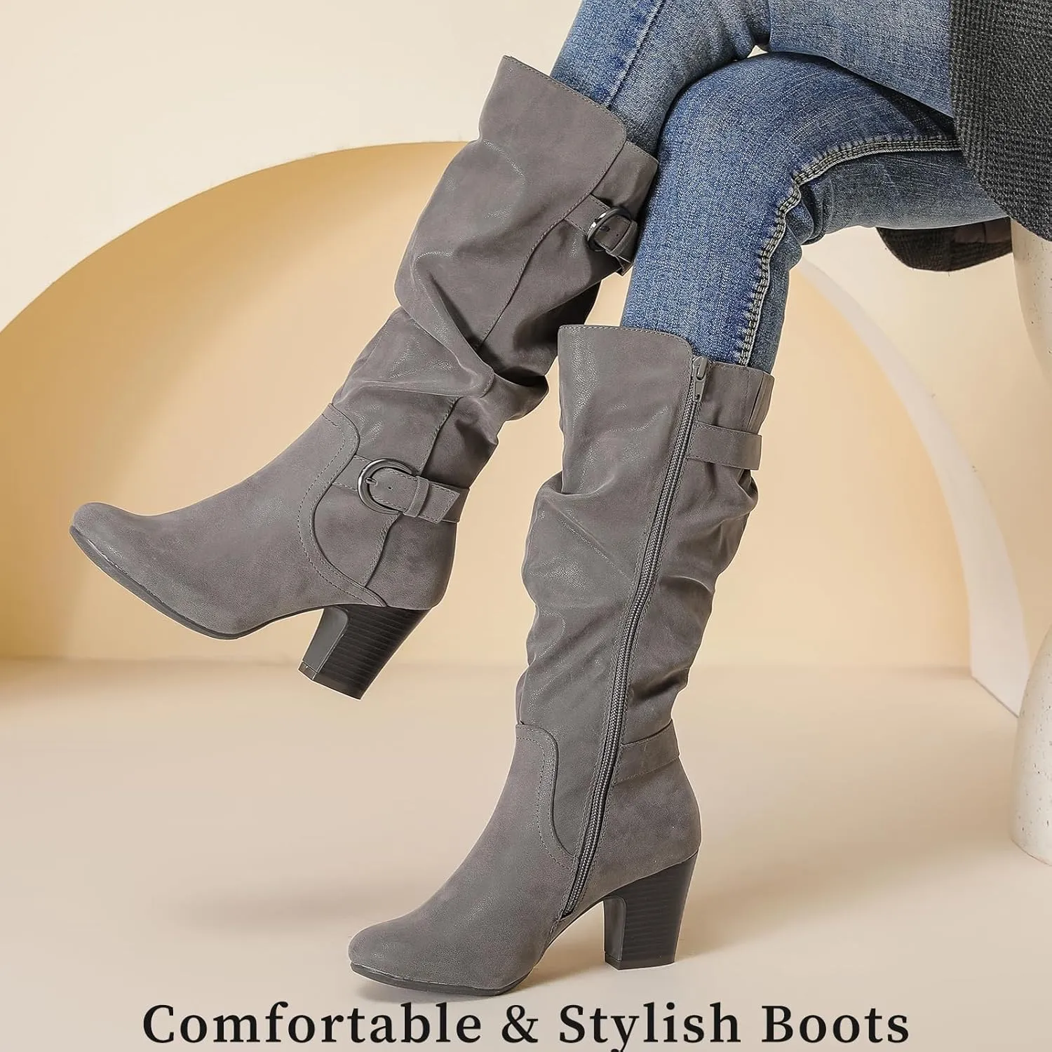 Women's Slouchy Knee High Boots with Chunky Heel, Pointed Toe, Comfortable and Fashionable for Fall and Winter Wear for Women.