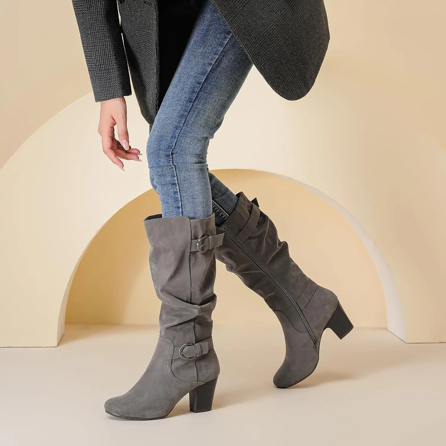Women's Slouchy Knee High Boots with Chunky Heel, Pointed Toe, Comfortable and Fashionable for Fall and Winter Wear for Women.