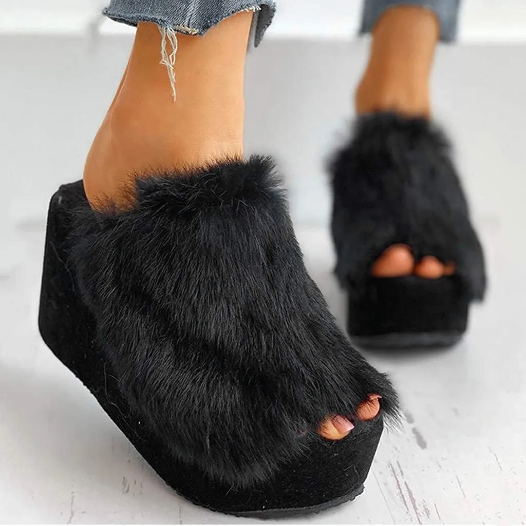 ZBYY Plush Slippers for Women Fluffy Summer Open Toe Wedges House Slippers Indoor or Outdoor Platforms Slides Slipper