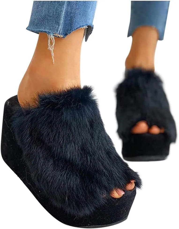 ZBYY Plush Slippers for Women Fluffy Summer Open Toe Wedges House Slippers Indoor or Outdoor Platforms Slides Slipper