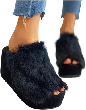 ZBYY Plush Slippers for Women Fluffy Summer Open Toe Wedges House Slippers Indoor or Outdoor Platforms Slides Slipper